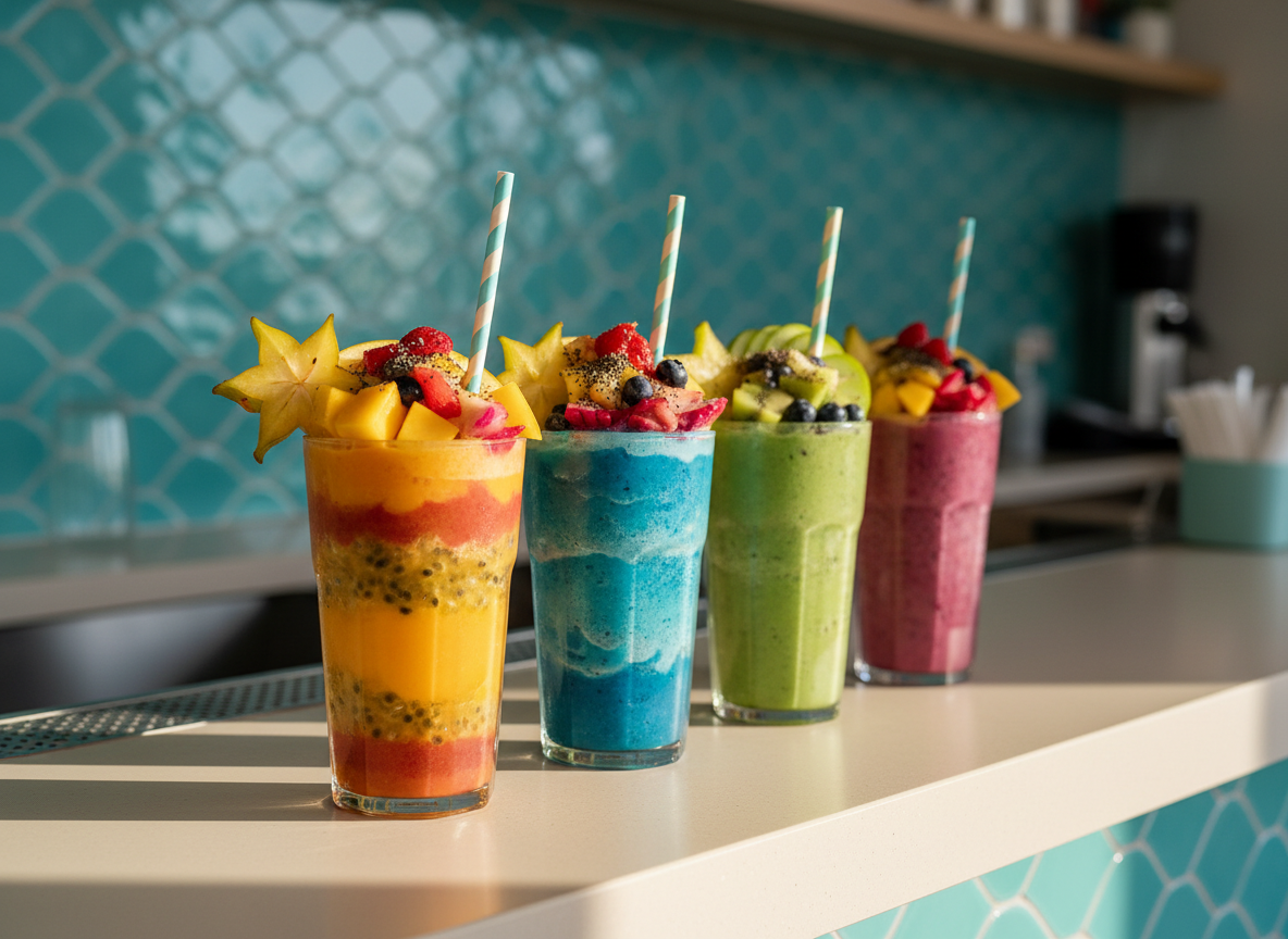 A vibrant surf-themed smoothie bar counter inside a playful cafe, featuring a row of tall, clear glass cups filled with layered fruit smoothies in bright tropical colors—sunset orange, ocean blue, kiwi green, and berry purple. Each smoothie is topped with fresh fruit, chia seeds, and a whimsical biodegradable straw with soft stripes. The counter is a pale sand-colored surface with rounded edges, and behind it, curved teal tiles evoke gentle waves. Soft morning sunlight pours through unseen windows, creating glimmering reflections on the glass and subtle rounded shadows. Shot at eye level with a shallow depth of field, the foreground smoothie in sharp focus, background softly blurred. The mood is energetic and welcoming, rendered in photographic realism with saturated, cheerful colors and clean, modern styling.