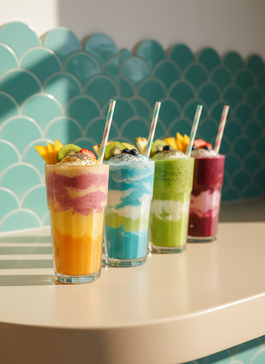 A vibrant surf-themed smoothie bar counter inside a playful cafe, featuring a row of tall, clear glass cups filled with layered fruit smoothies in bright tropical colors—sunset orange, ocean blue, kiwi green, and berry purple. Each smoothie is topped with fresh fruit, chia seeds, and a whimsical biodegradable straw with soft stripes. The counter is a pale sand-colored surface with rounded edges, and behind it, curved teal tiles evoke gentle waves. Soft morning sunlight pours through unseen windows, creating glimmering reflections on the glass and subtle rounded shadows. Shot at eye level with a shallow depth of field, the foreground smoothie in sharp focus, background softly blurred. The mood is energetic and welcoming, rendered in photographic realism with saturated, cheerful colors and clean, modern styling.