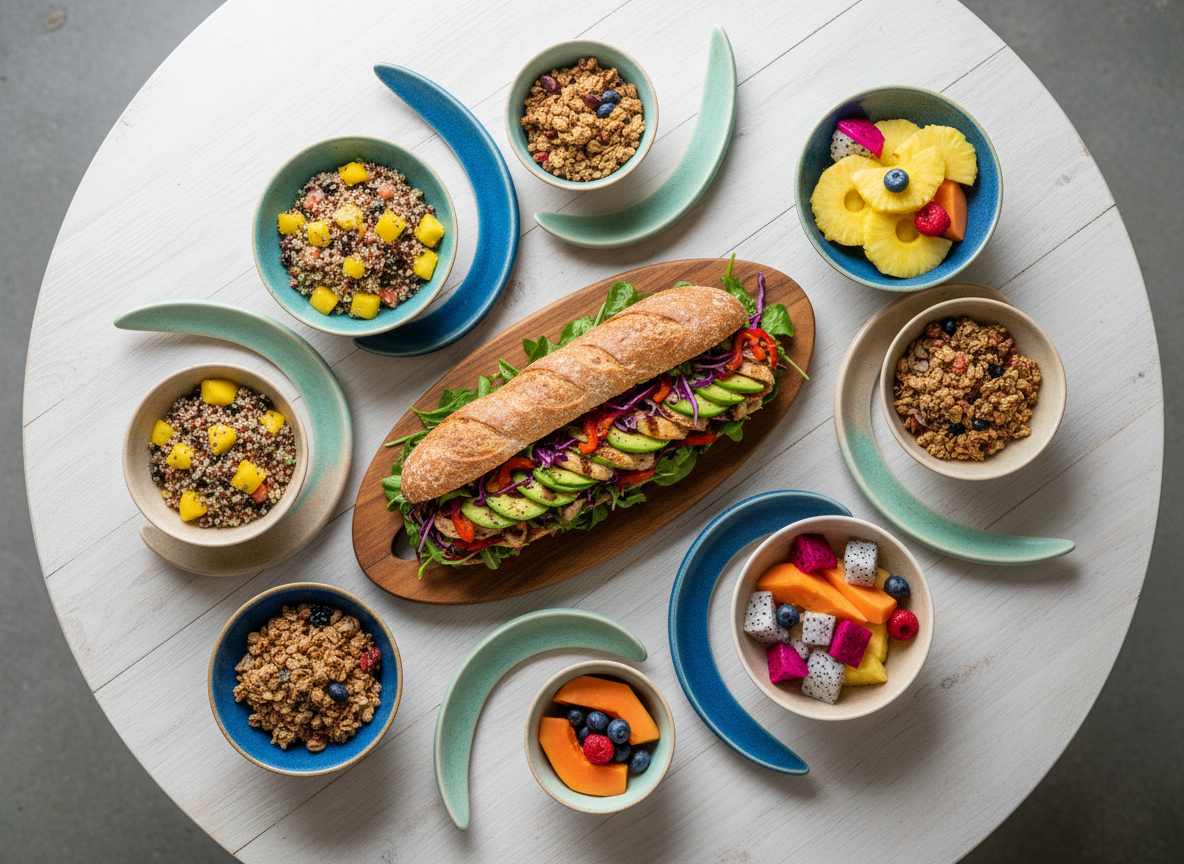 An overhead photographic view of a surf-inspired healthy lunch spread on a large, circular, light-wood table with rounded edges. At the center, a handcrafted whole-grain sandwich on a wooden board shaped like a surfboard, layered with colorful veggies and lean protein, its textures crisp and fresh. Surrounding it are small ceramic bowls with bright salads, sliced tropical fruit, and granola clusters arranged like playful wave patterns. The table surface resembles smooth, sun-bleached driftwood. Diffused daylight from above casts soft, even lighting, with minimal shadows and a calm, beachy glow. The composition is carefully balanced in a radial pattern, using vibrant, natural colors against a neutral background. The atmosphere is fun, family-friendly, and health-focused, with photographic realism and a clean, energetic layout.