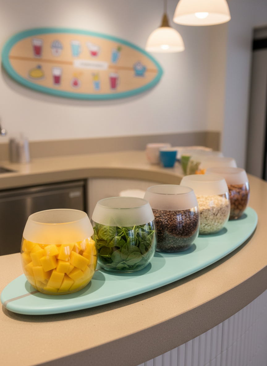 A close-up, slightly elevated shot of a custom smoothie creation station on a curved sand-colored counter, displaying neat, rounded glass containers filled with fresh ingredients: cubed mango, sliced strawberries, spinach leaves, oats, cocoa nibs, and almonds. Each container has a softly frosted edge and sits on a pale aqua tray with smooth corners, evoking a surfboard deck. Warm, indirect cafe lighting from overhead pendants creates gentle highlights on the glass and produce, with soft, rounded shadows that keep the scene bright and approachable. In the background, slightly out of focus, a stylized surfboard-shaped menu board with playful icons hints at customization options. The mood is interactive and creative, emphasizing health and craftsmanship in a photographic, vibrant, and whimsical style.