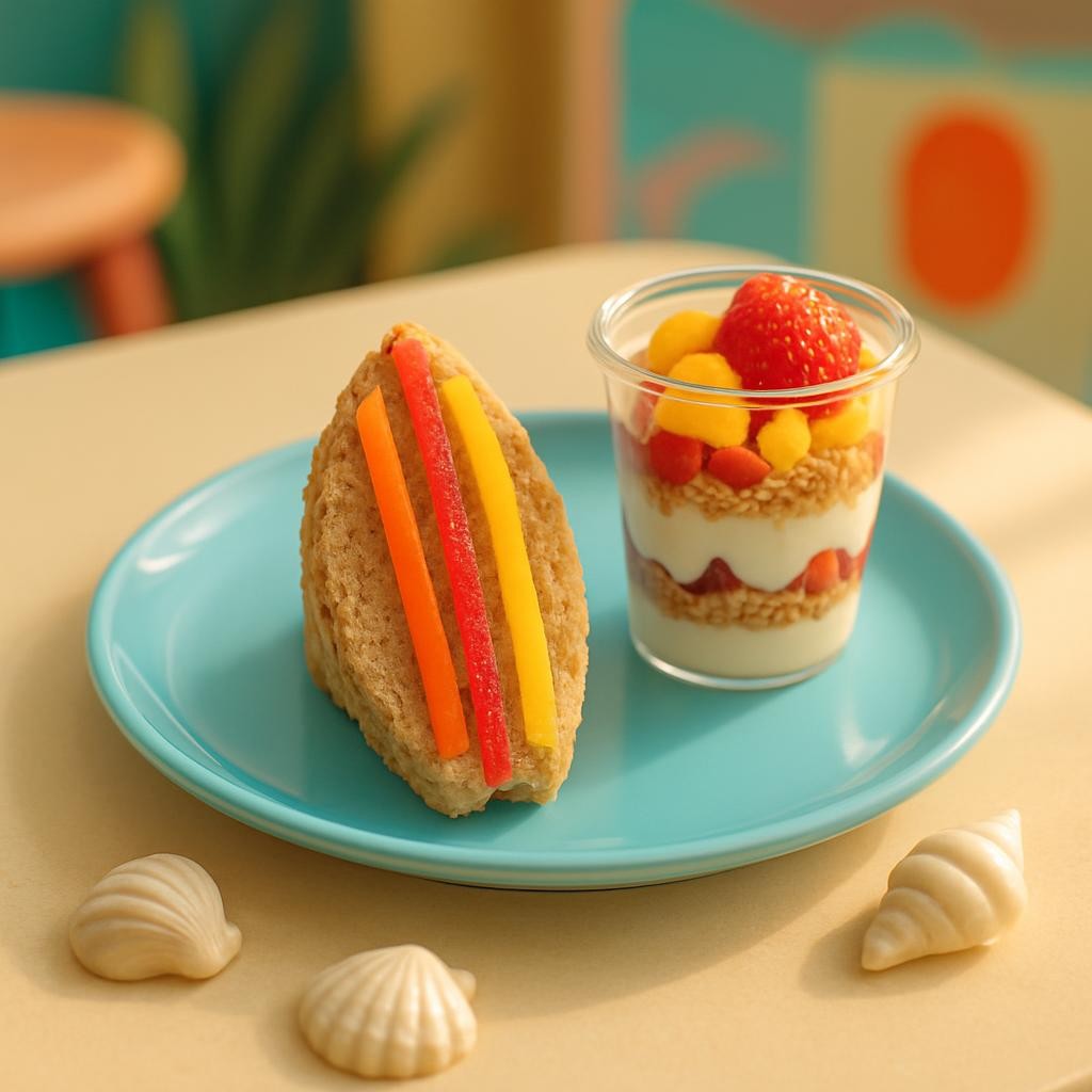 A whimsical, close-up tabletop scene showing a kids’ surf-themed healthy snack combo, styled for a playful family cafe. On a round, sky-blue plate with a glossy finish, a small whole-grain sandwich is cut into the shape of a surfboard, topped with thin stripes of colorful veggies like bell peppers to mimic board patterns. Beside it, a clear mini cup holds a bright, layered fruit parfait with yogurt and granola, creating cheerful textures. The plate rests on a pale sand-colored table with rounded edges, scattered with a few seashell-shaped ceramic accents. Soft, warm afternoon light from the side creates gentle highlights and subtle shadows, making the food pop. Shot at a slightly elevated angle with shallow depth of field, the background softly blurs into hints of teal and coral decor. The mood is fun, healthy, and imaginative, in bright photographic realism.